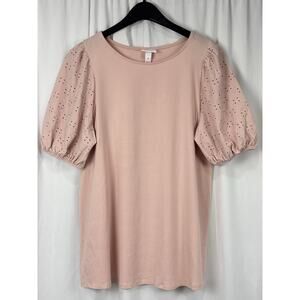 Isabel Maternity Pink Eyelet Short Puff Sleeve Knit Maternity Top Size M Preppy